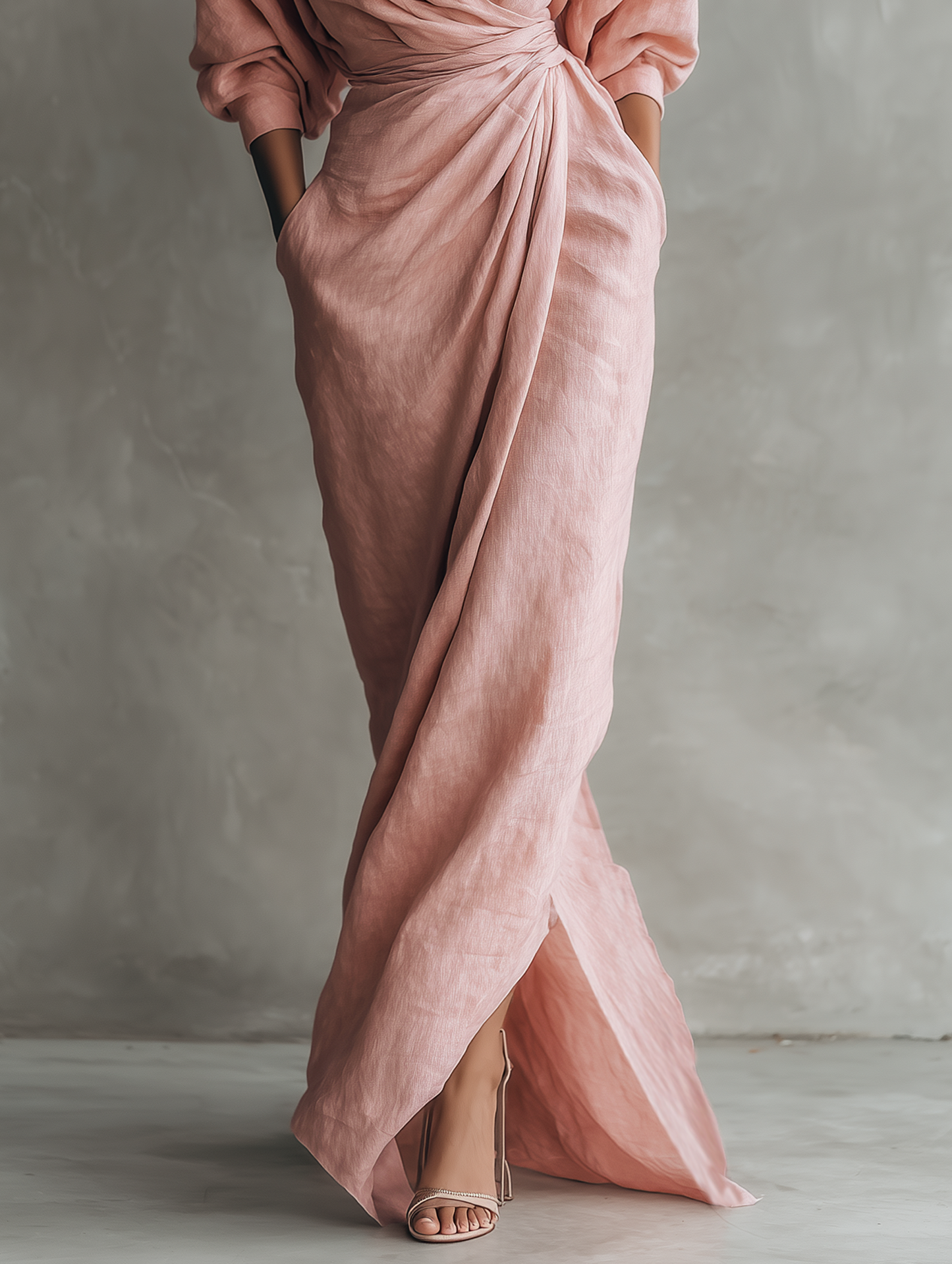 Taylor - Vestido largo minimalista en rosa con cuello en V, confeccionado en mezcla de lino, para mujer