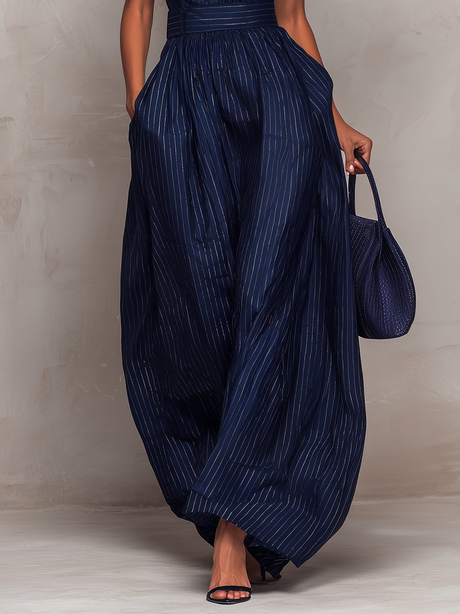 Ana | Mono azul oscuro a rayas con cuello en V y pantalones de pierna ancha
