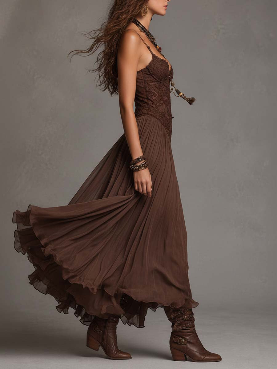 Lucía | Vestido largo de gasa y encaje en marrón
