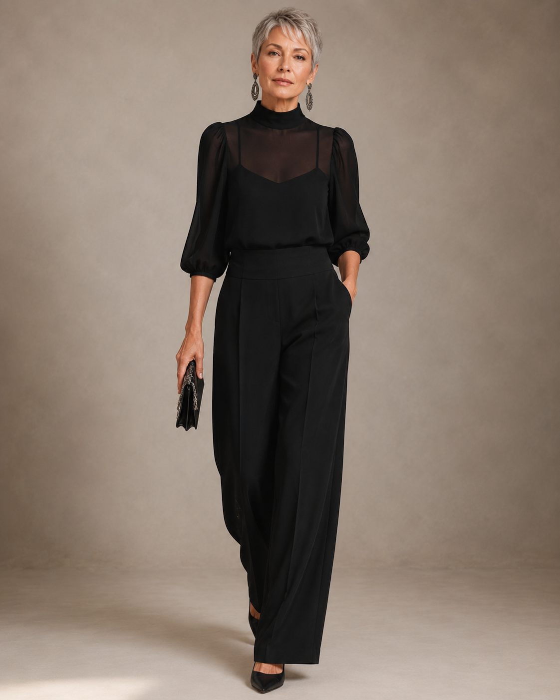 Valentina — Conjunto de 3 piezas negro: top camisola y pantalón ancho