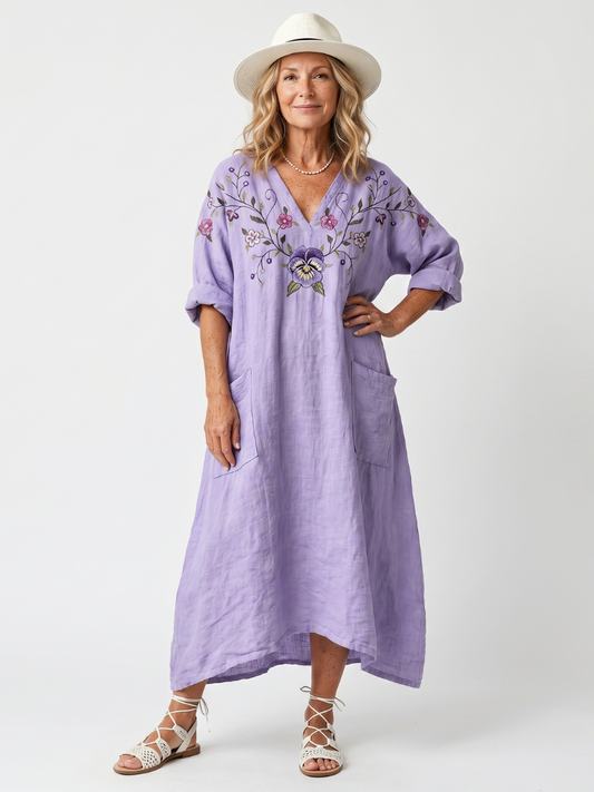 Sandra | Vestido Midi Bordado con Bolsillos