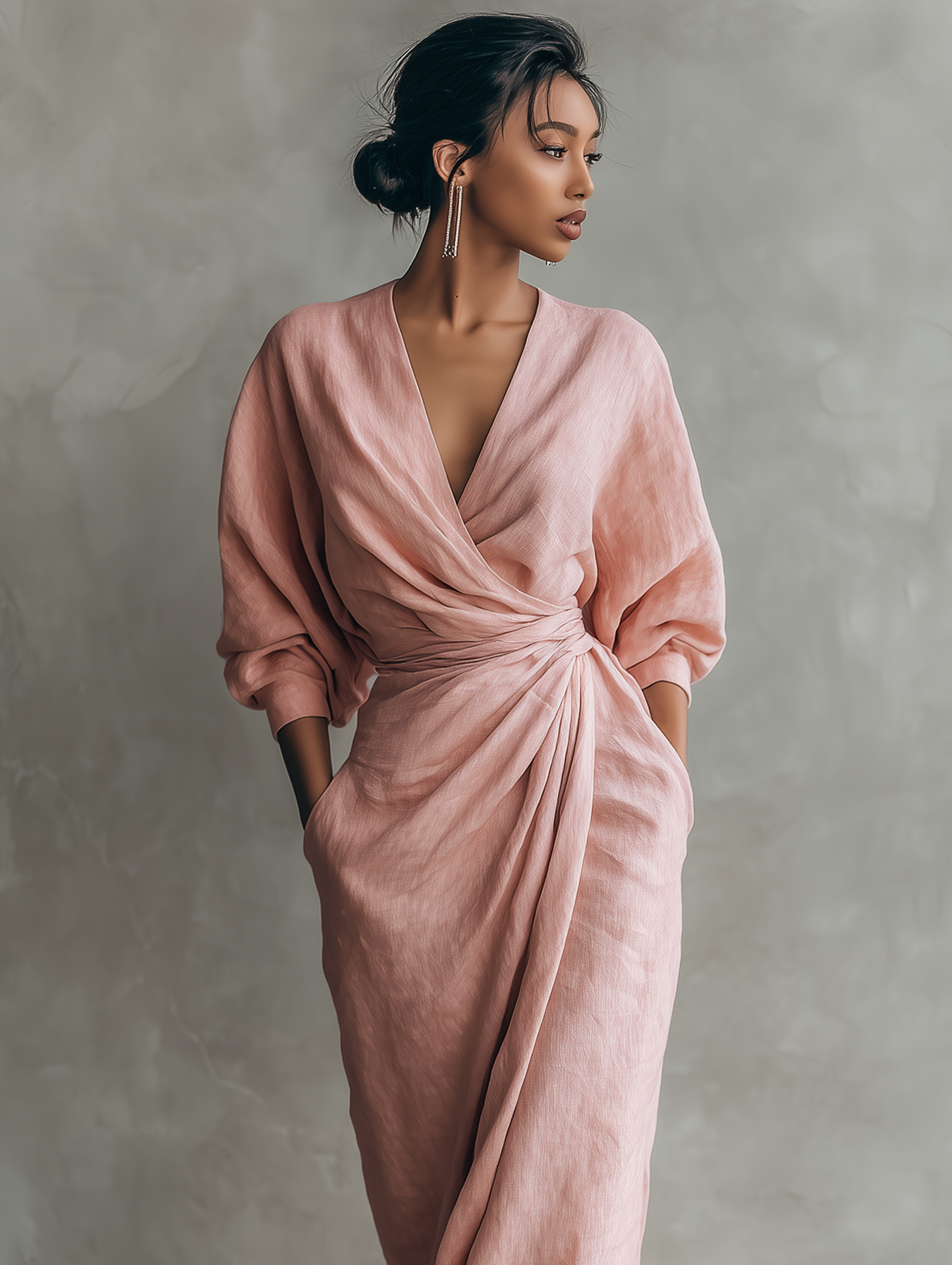 Taylor - Vestido largo minimalista en rosa con cuello en V, confeccionado en mezcla de lino, para mujer