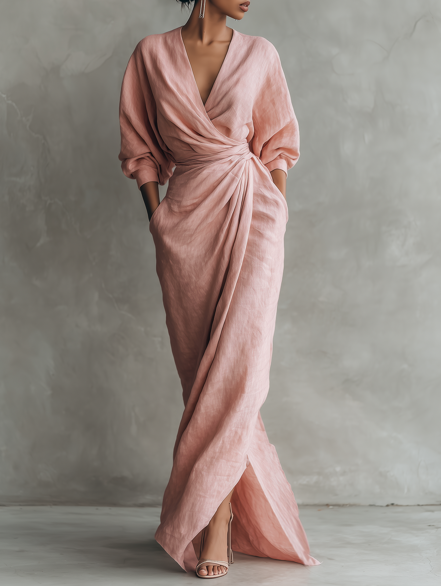 Taylor - Vestido largo minimalista en rosa con cuello en V, confeccionado en mezcla de lino, para mujer