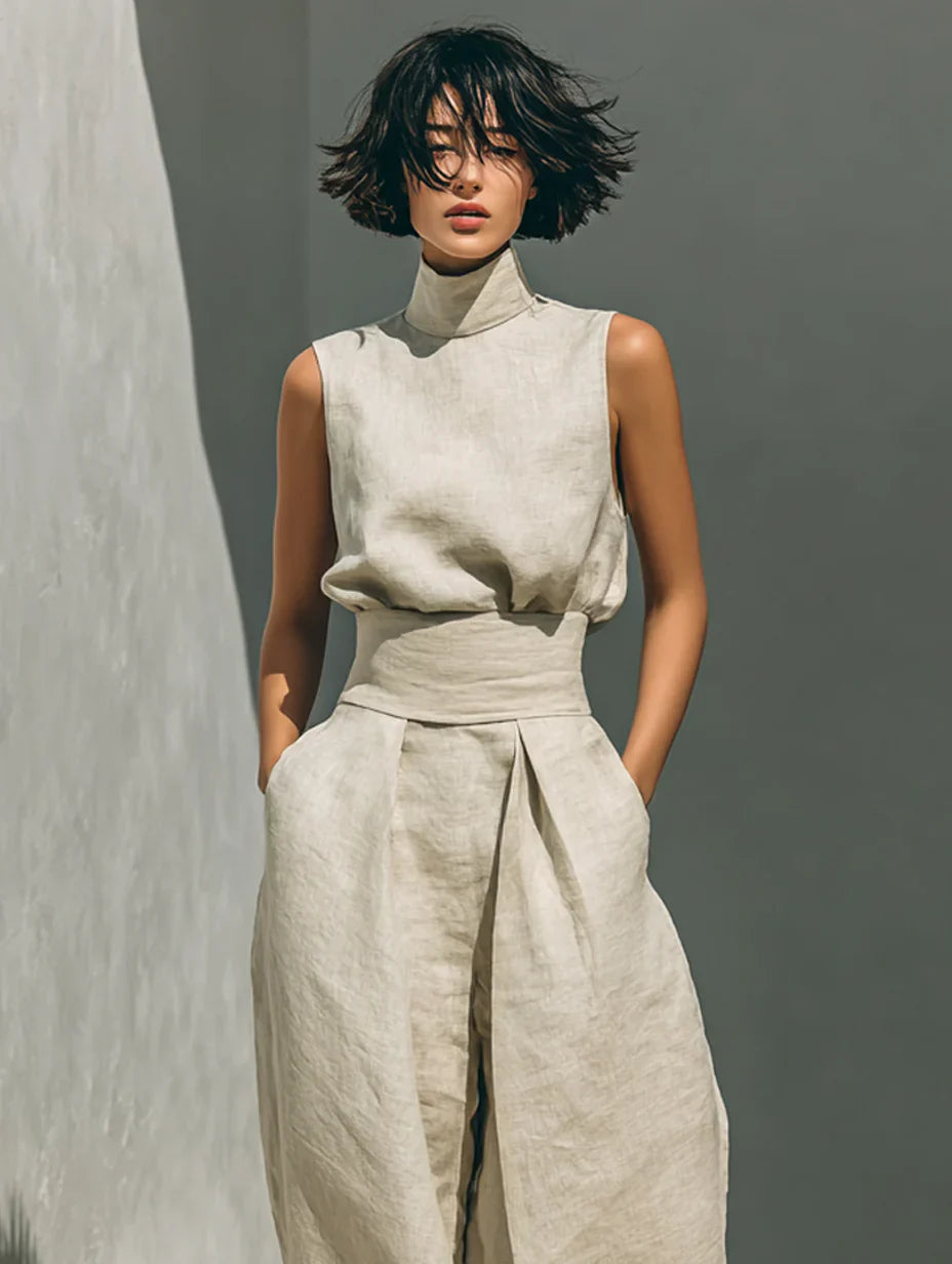Flor™ | Conjunto minimalista de blusa sin mangas y pantalón de pernera ancha en algodón y lino para mujer