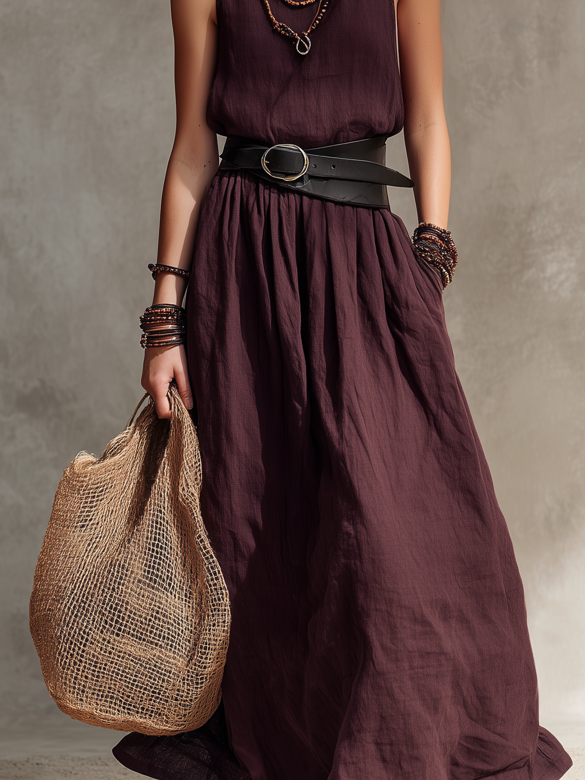 María | Vestido largo sin mangas de algodón y lino en color magenta, de estilo informal para mujer, con cuello redondo (cinturón no incluido)
