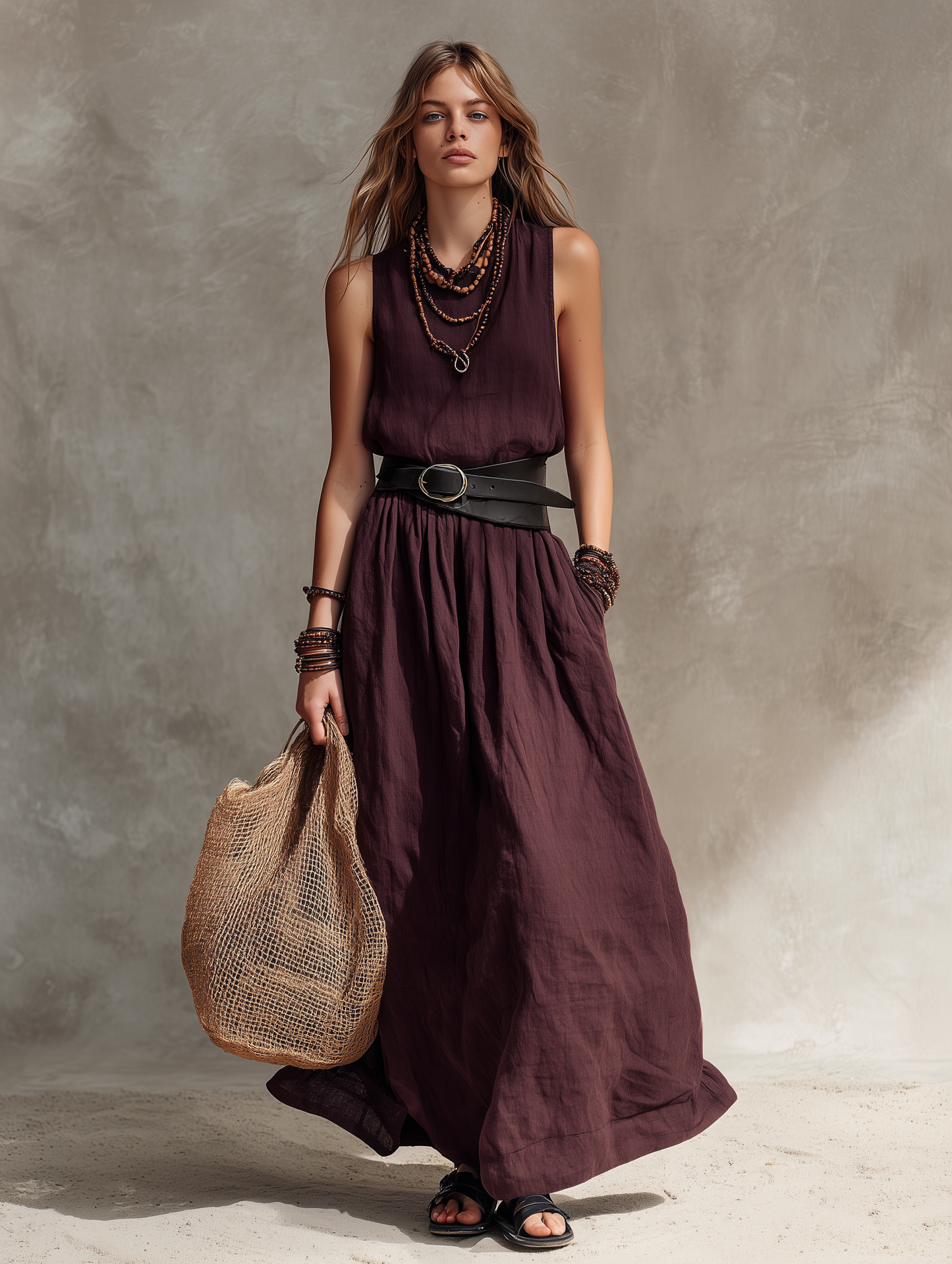 María | Vestido largo sin mangas de algodón y lino en color magenta, de estilo informal para mujer, con cuello redondo (cinturón no incluido)