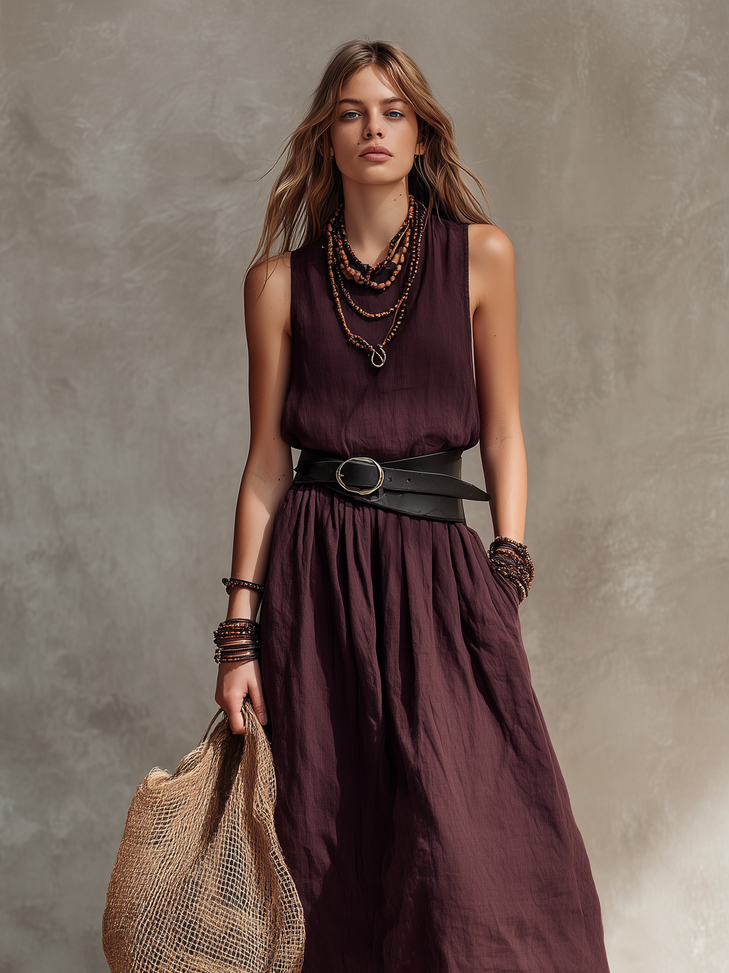 María | Vestido largo sin mangas de algodón y lino en color magenta, de estilo informal para mujer, con cuello redondo (cinturón no incluido)