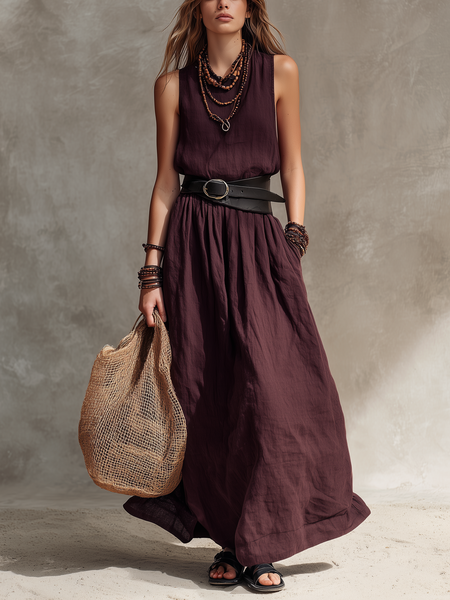 María | Vestido largo sin mangas de algodón y lino en color magenta, de estilo informal para mujer, con cuello redondo (cinturón no incluido)