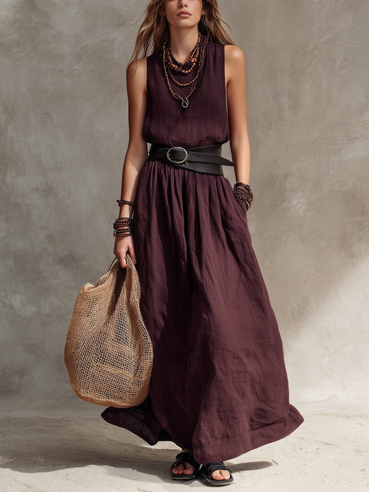 María | Vestido largo sin mangas de algodón y lino en color magenta, de estilo informal para mujer, con cuello redondo (cinturón no incluido)