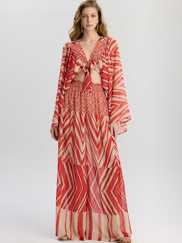 Samira | Conjunto kaftan con estampado chevron rojo