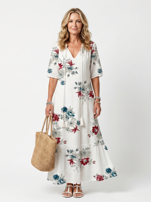 Elena | Vestido Midi Floral con Pompones