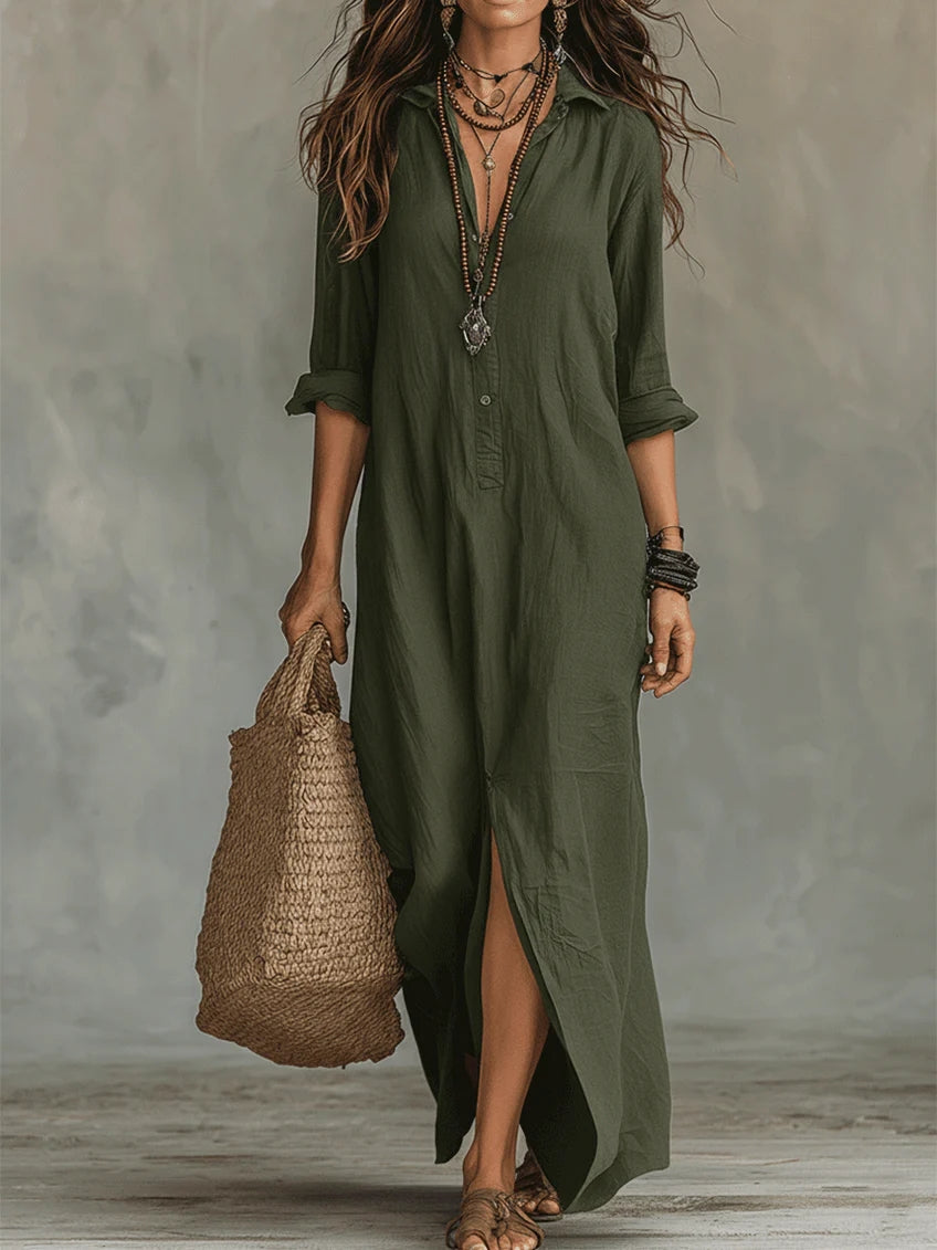 Sofia™ | Vestido largo negro holgado con botones