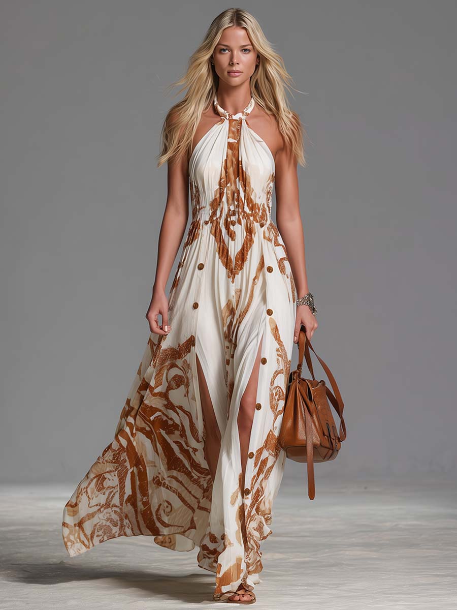 Beatriz ¦ Vestido largo vintage de estilo bohemio con cuello halter, estampado western marrón sobre gasa marfil, con aberturas
