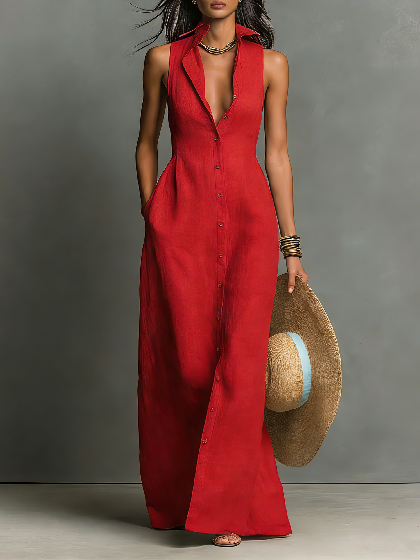Celia | Vestido largo tipo camisa sin mangas de lino, de estilo minimalista, para mujer