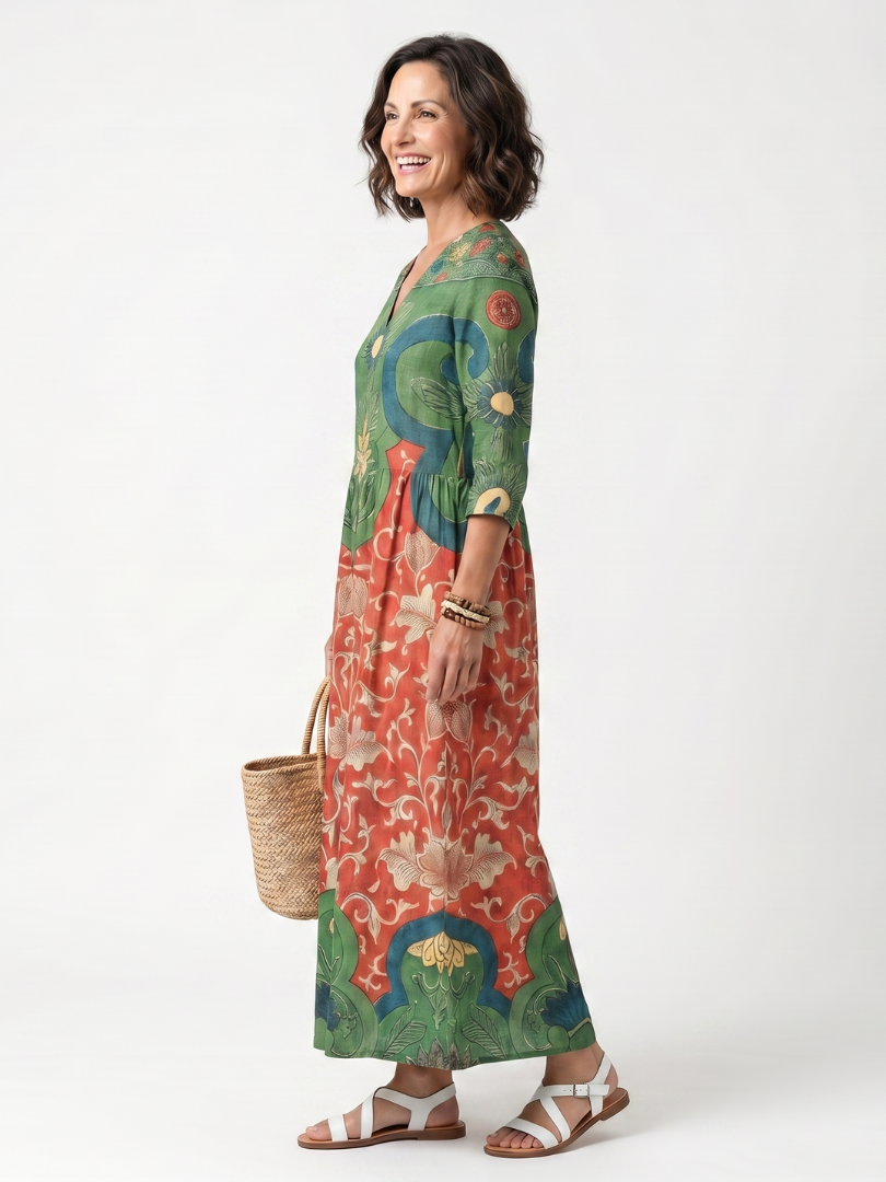 Amelia | Vestido Midi Floral con Cintura Fruncida