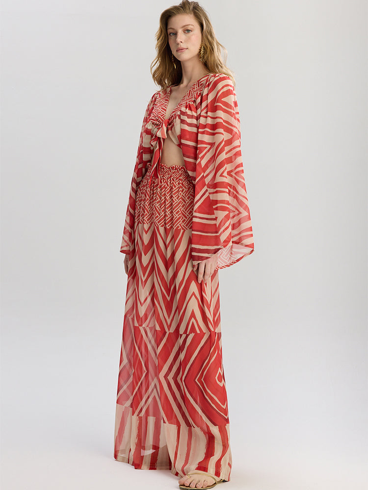 Samira | Conjunto kaftan con estampado chevron rojo