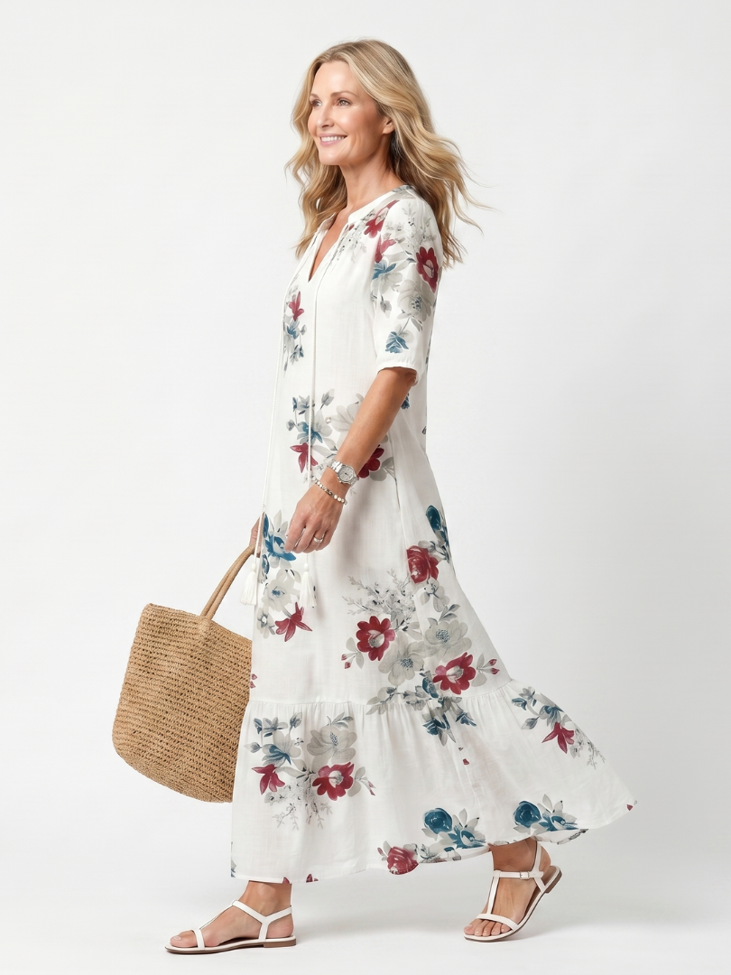 Elena | Vestido Midi Floral con Pompones