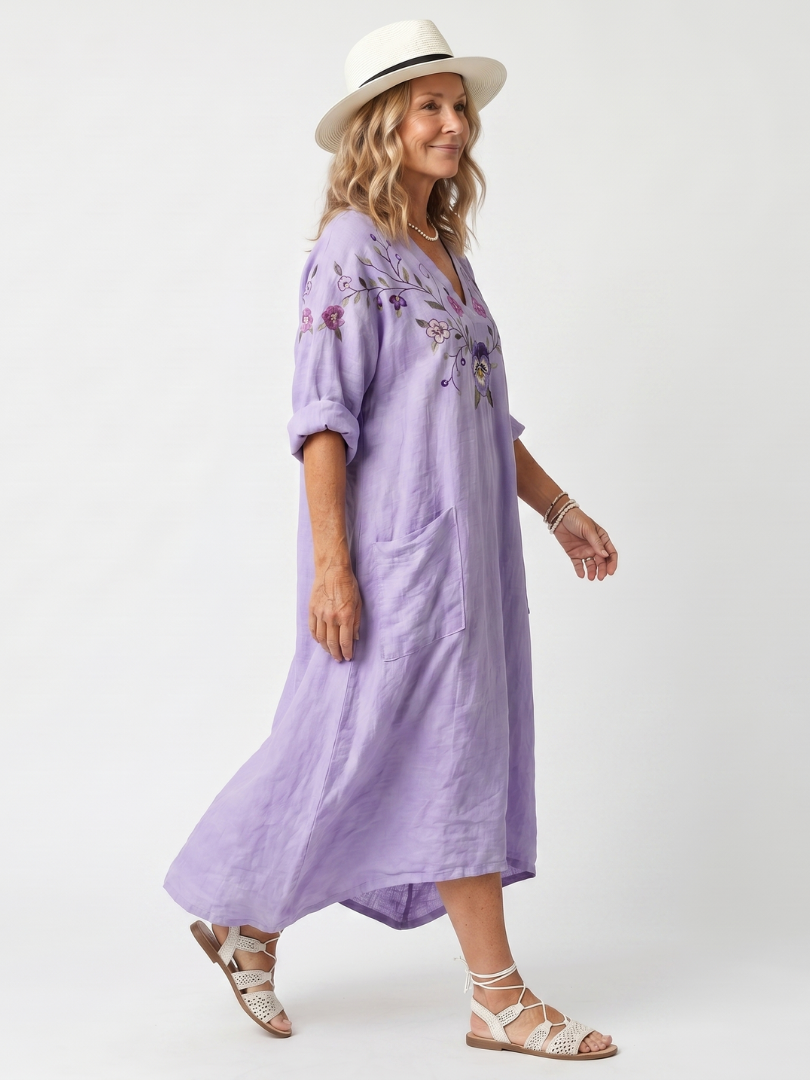 Sandra | Vestido Midi Bordado con Bolsillos