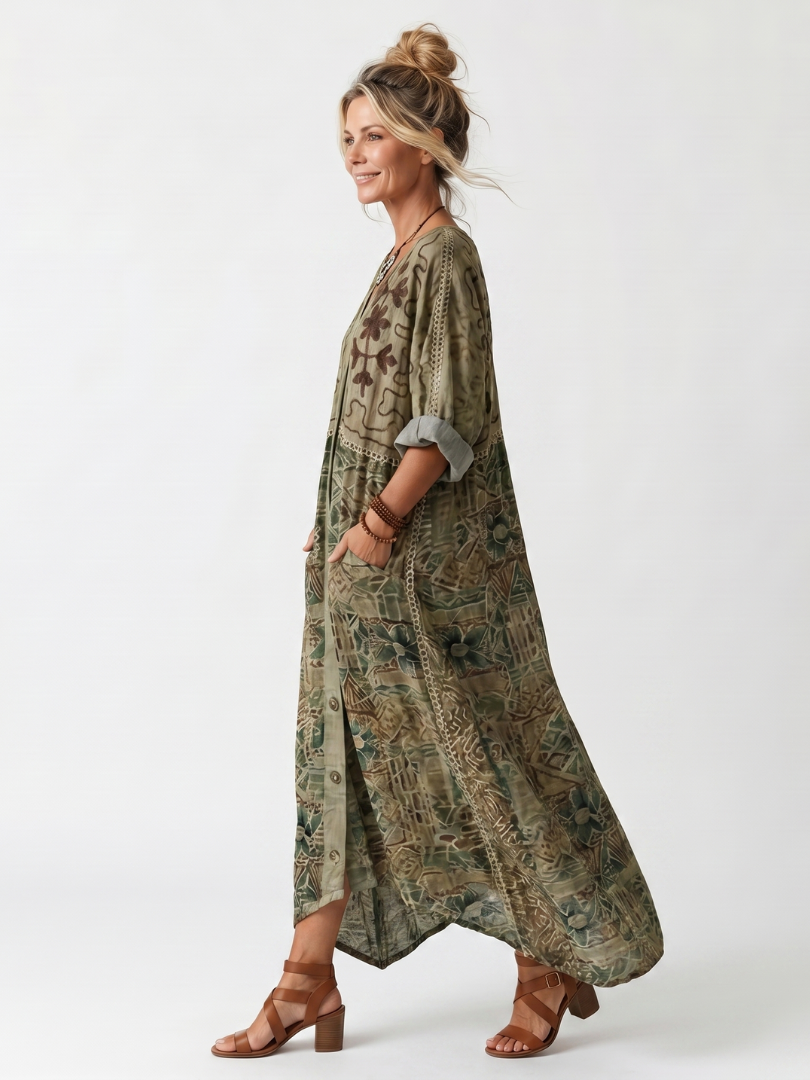 Mónica | Vestido Midi Bordado con Botones