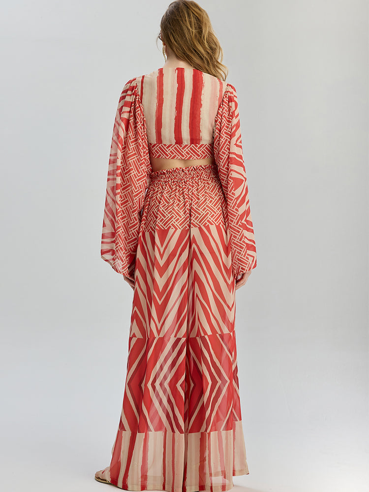 Samira | Conjunto kaftan con estampado chevron rojo