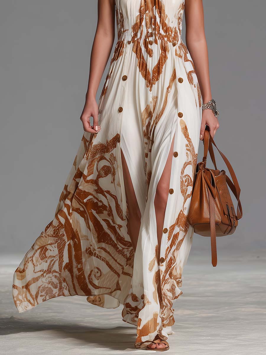 Beatriz ¦ Vestido largo vintage de estilo bohemio con cuello halter, estampado western marrón sobre gasa marfil, con aberturas