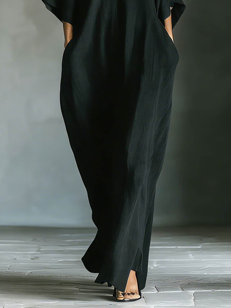 Constanza | Maxivestido Negro con Manga Kimono y Escote en V