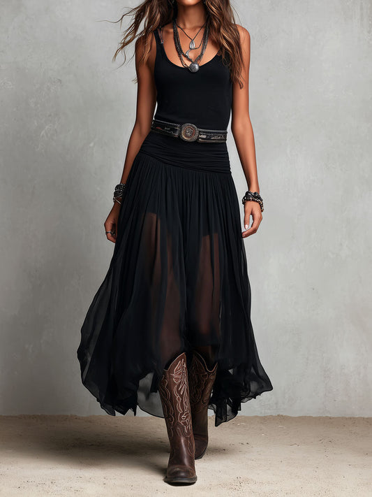 Julia | Vestido largo elástico negro de estilo boho western con falda transparente