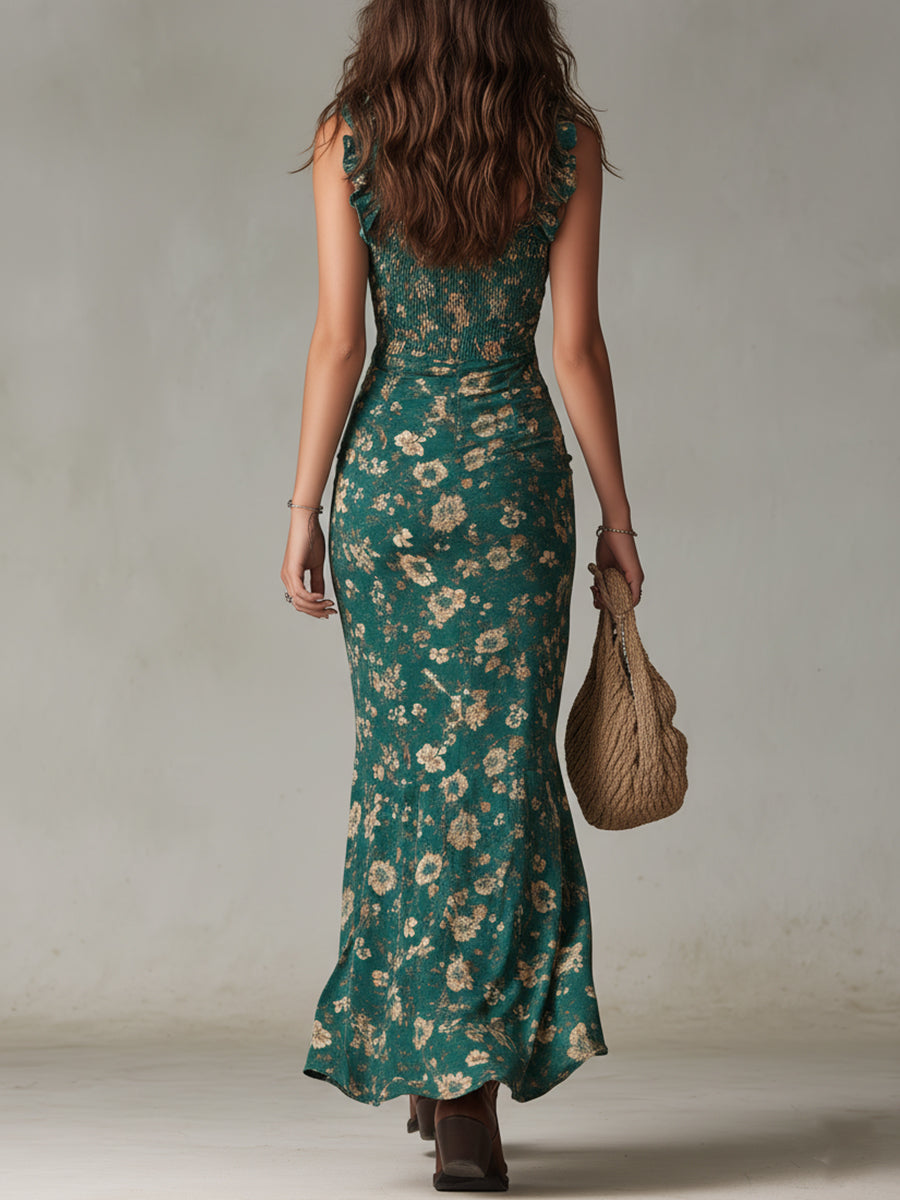 Zara ¦ Vestido largo de estilo boho retro con mangas fruncidas y abertura alta