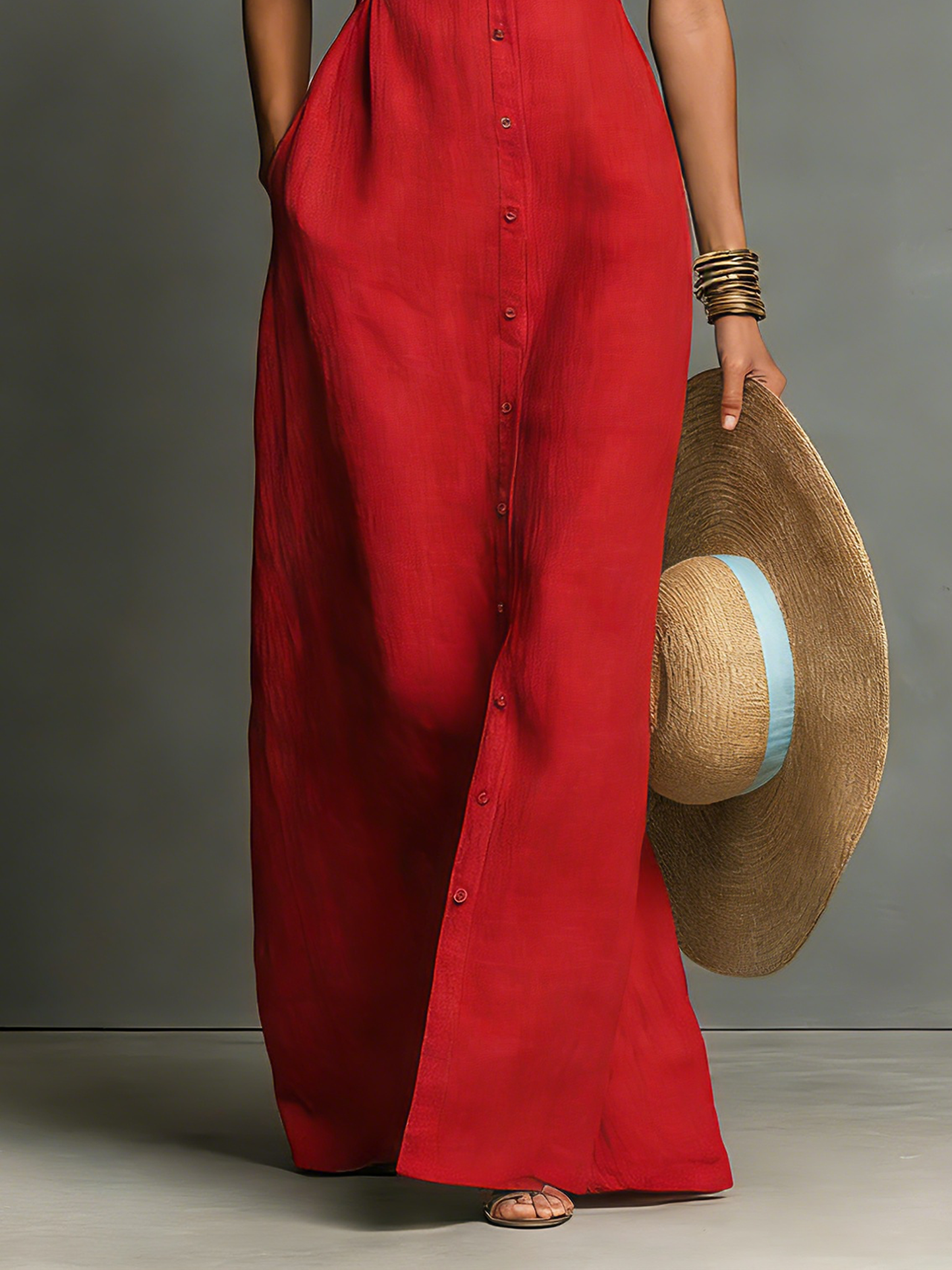 Celia | Vestido largo tipo camisa sin mangas de lino, de estilo minimalista, para mujer