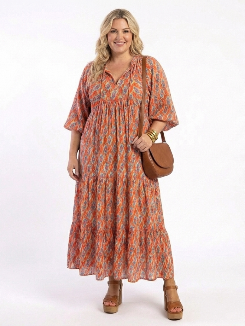 Cloe | Vestido Midi Geométrico con Volantes