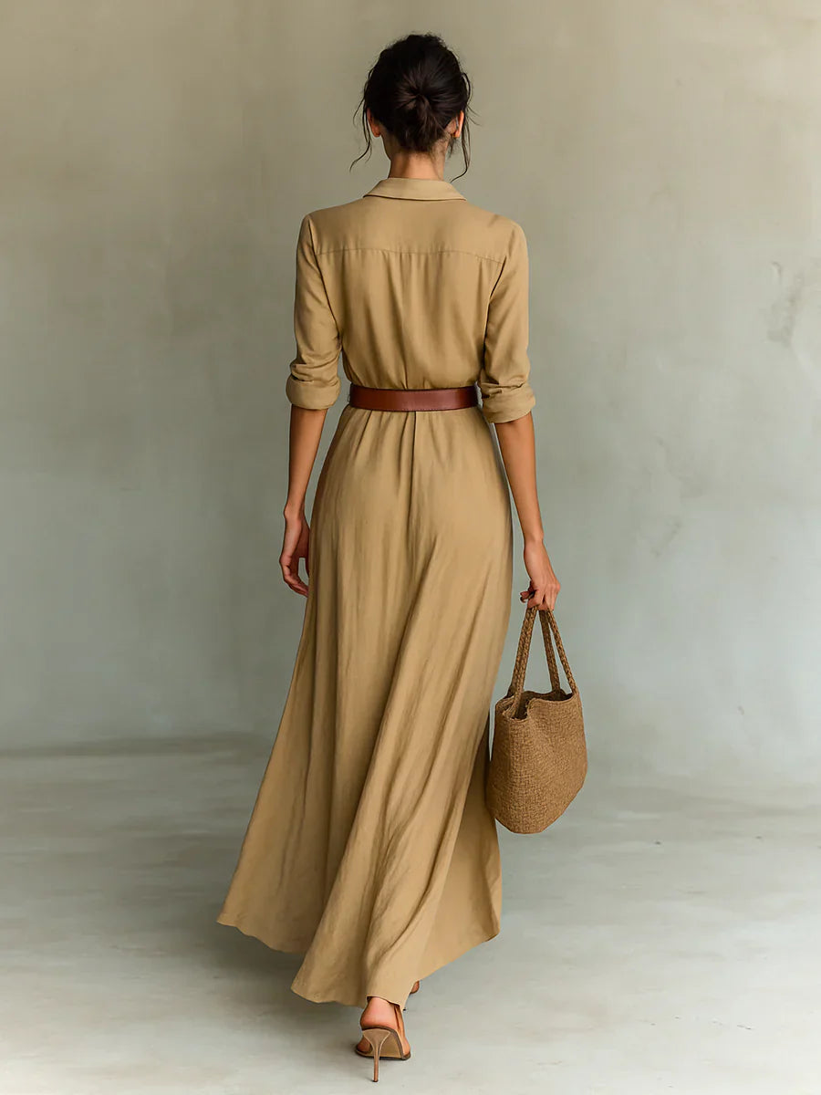 Camila™ | Vestido largo con solapas y cinturón en la cintura