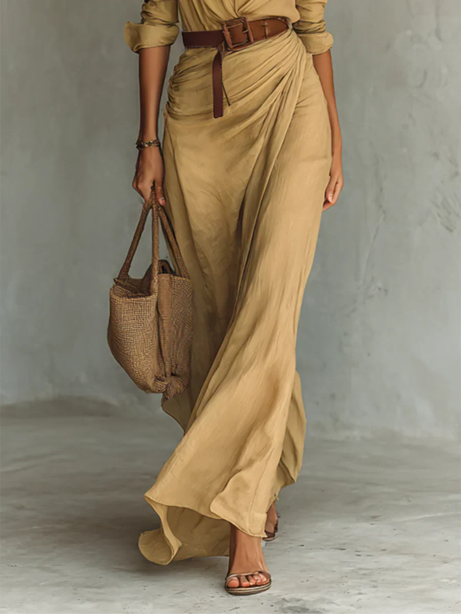 Camila™ | Vestido largo con solapas y cinturón en la cintura