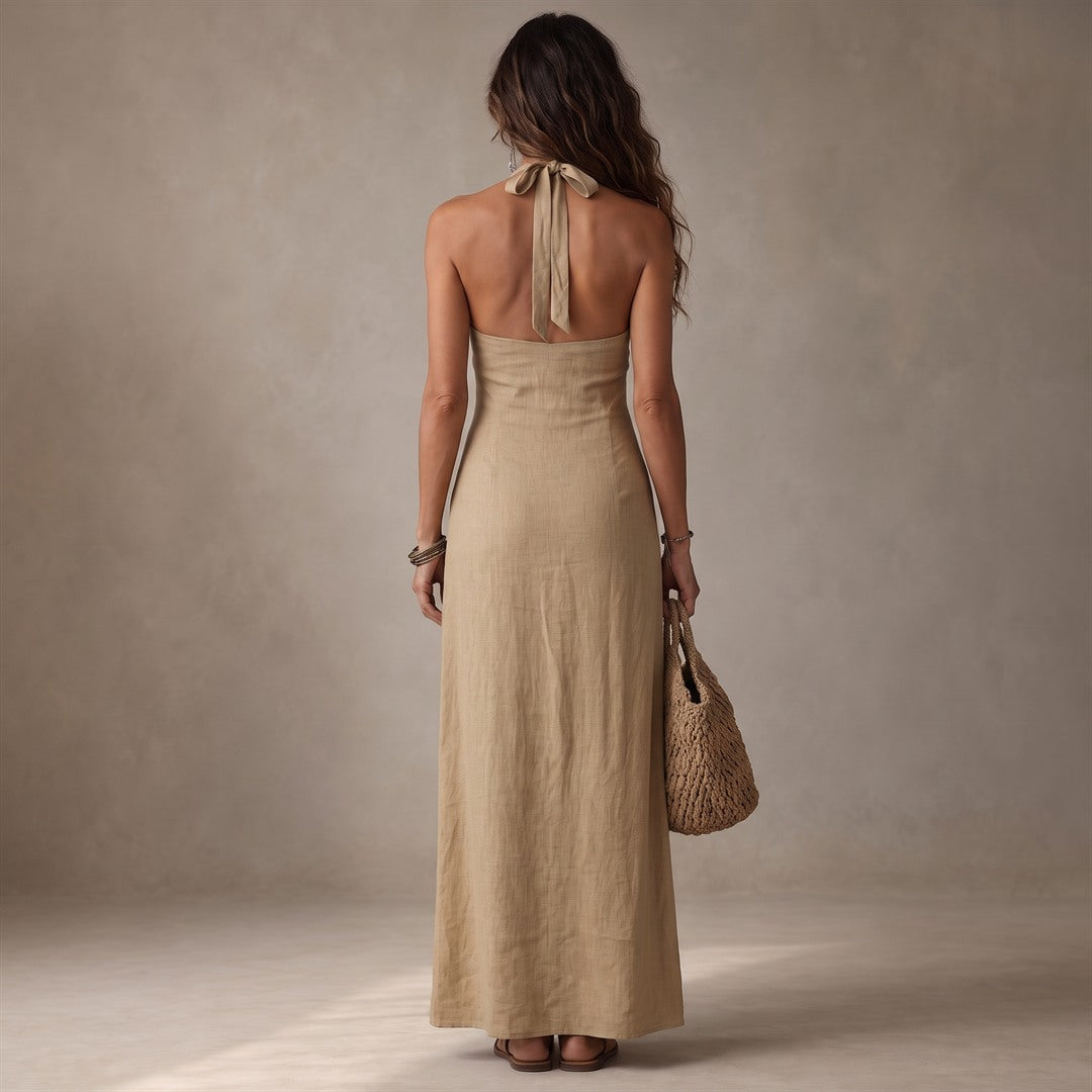 Avelina | Vestido Largo de Algodón y Lino con Cuello Americano