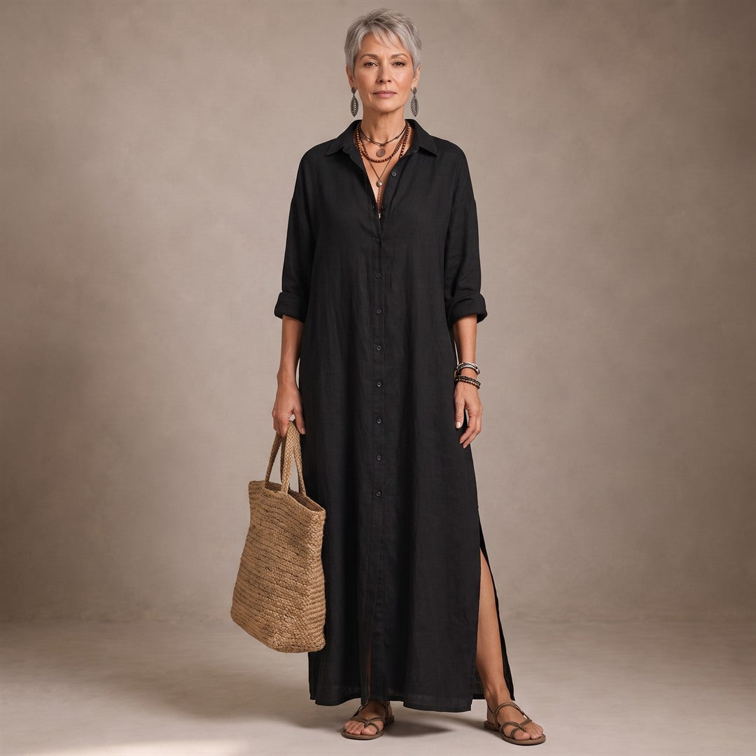 Celia | Vestido Maxi Negro Amplio con Botones