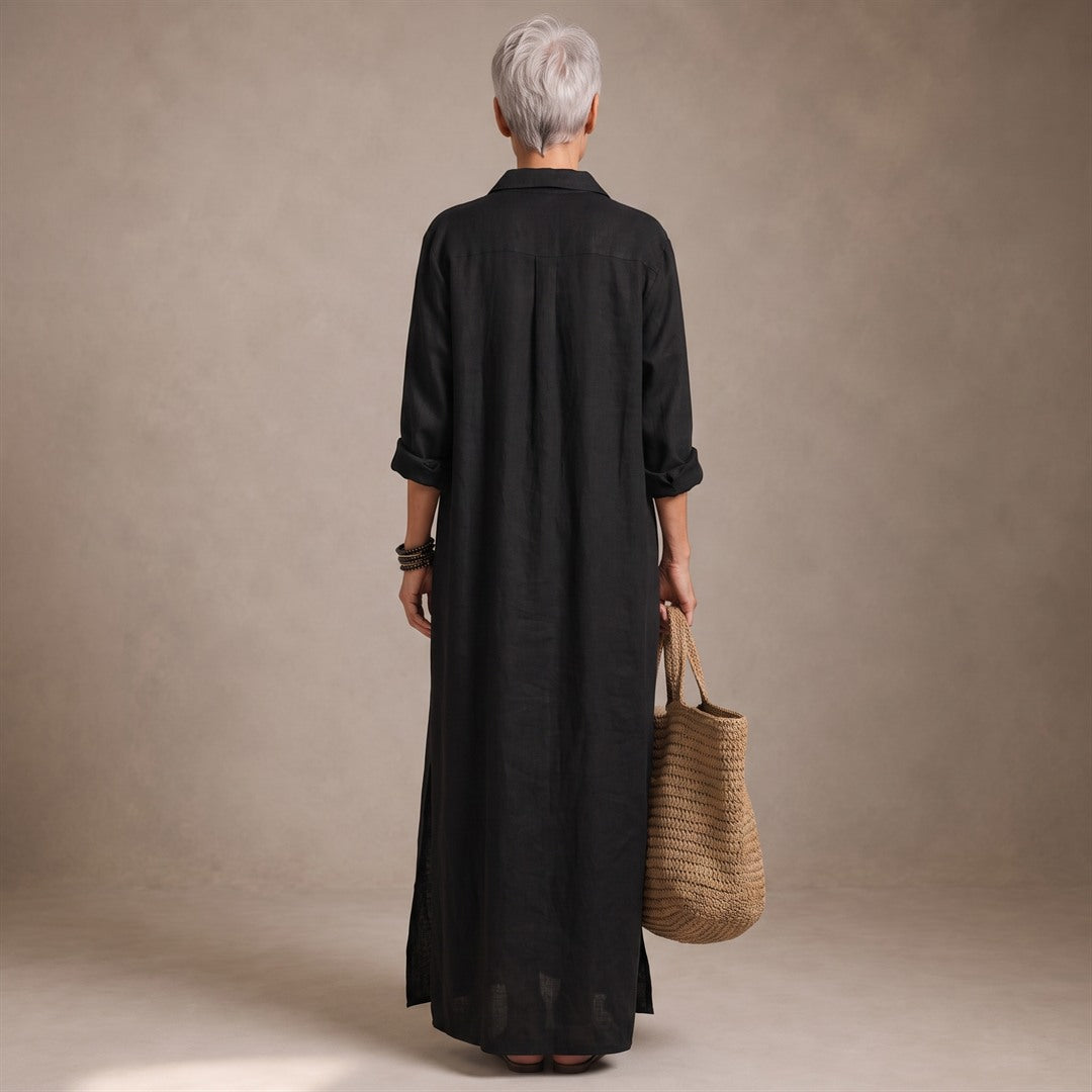 Celia | Vestido Maxi Negro Amplio con Botones