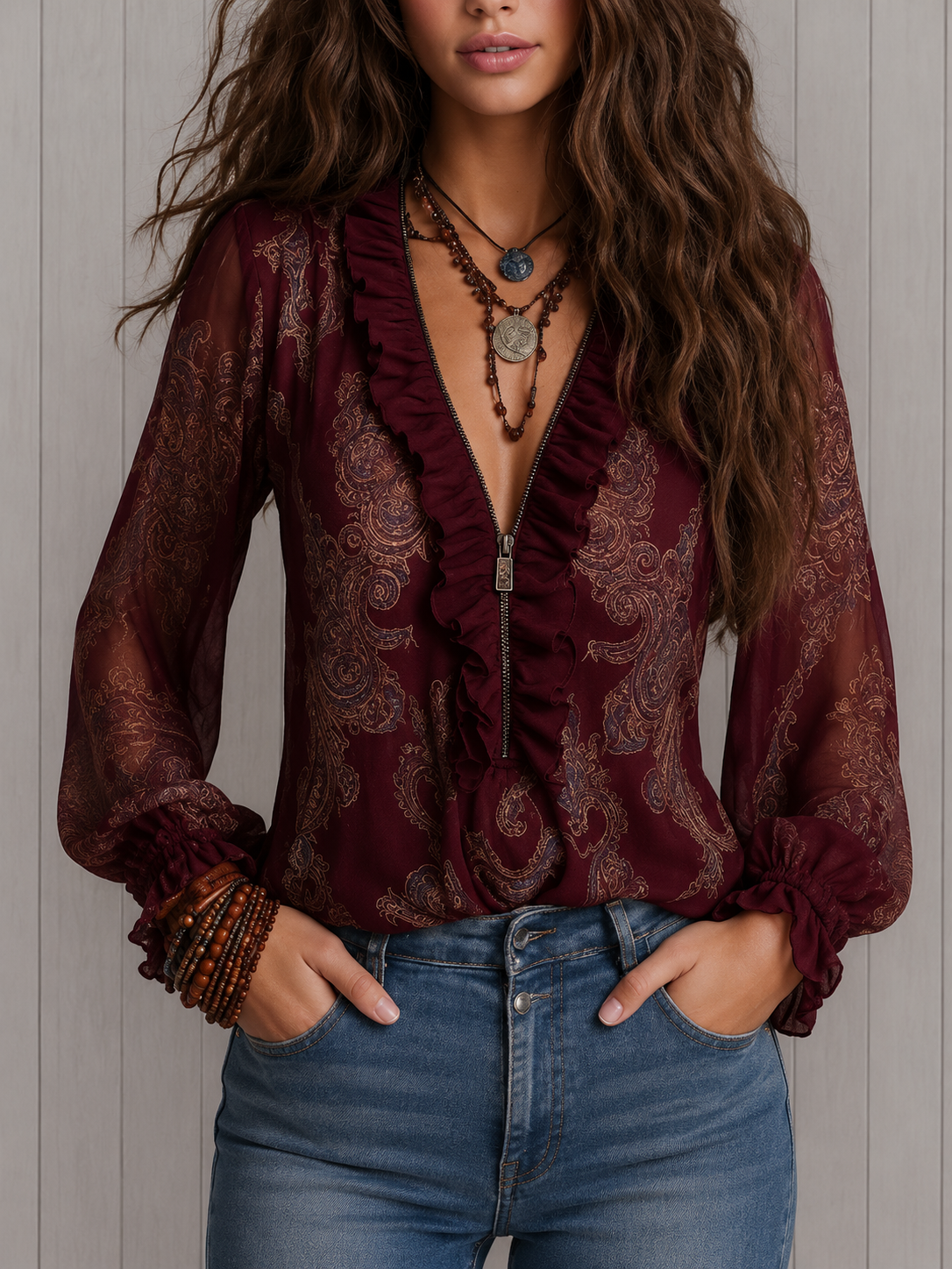 Amaia | Blusa de gasa paisley barroco con volantes y cremallera