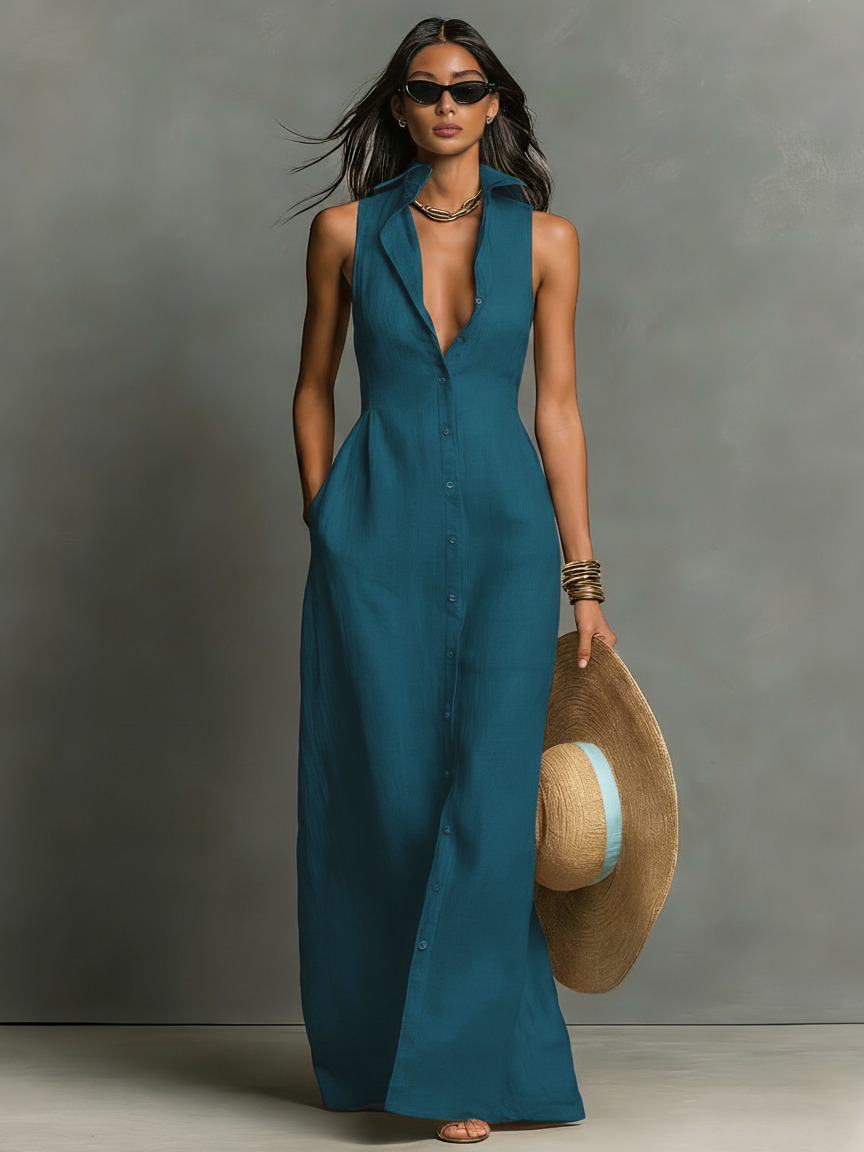 Celia | Vestido largo tipo camisa sin mangas de lino, de estilo minimalista, para mujer
