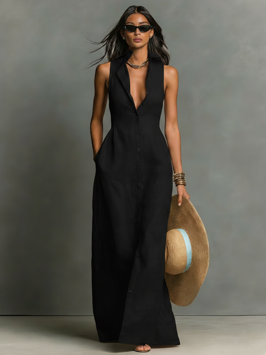 Celia | Vestido largo tipo camisa sin mangas de lino, de estilo minimalista, para mujer