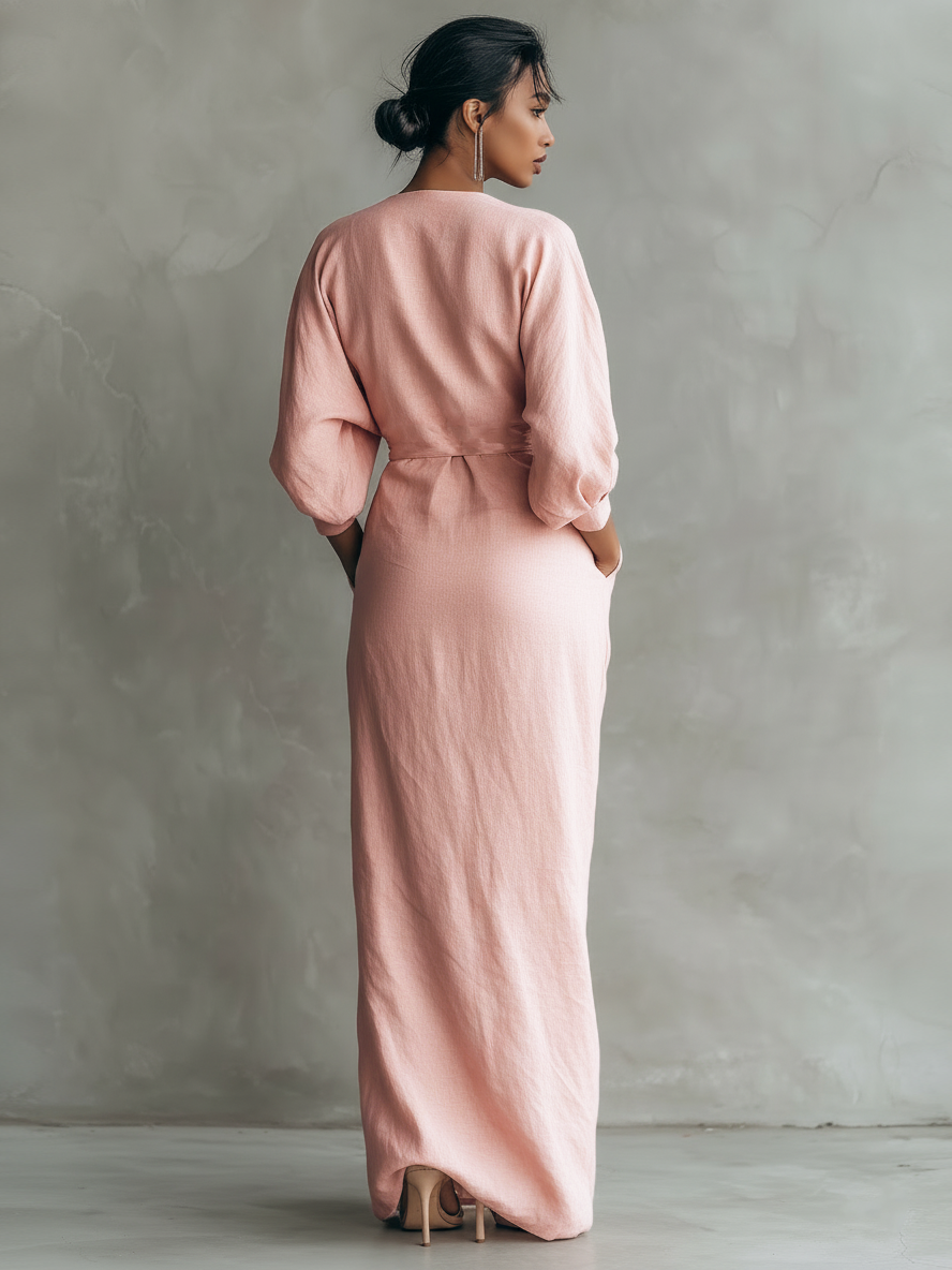 Taylor - Vestido largo minimalista en rosa con cuello en V, confeccionado en mezcla de lino, para mujer