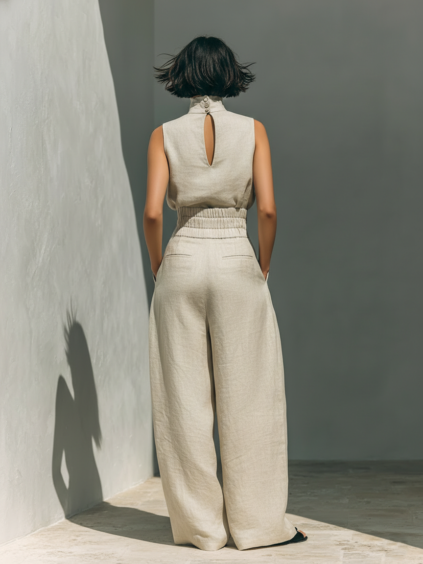 María - Conjunto de camiseta sin mangas y pantalones anchos de algodón y lino, de estilo minimalista, para mujer