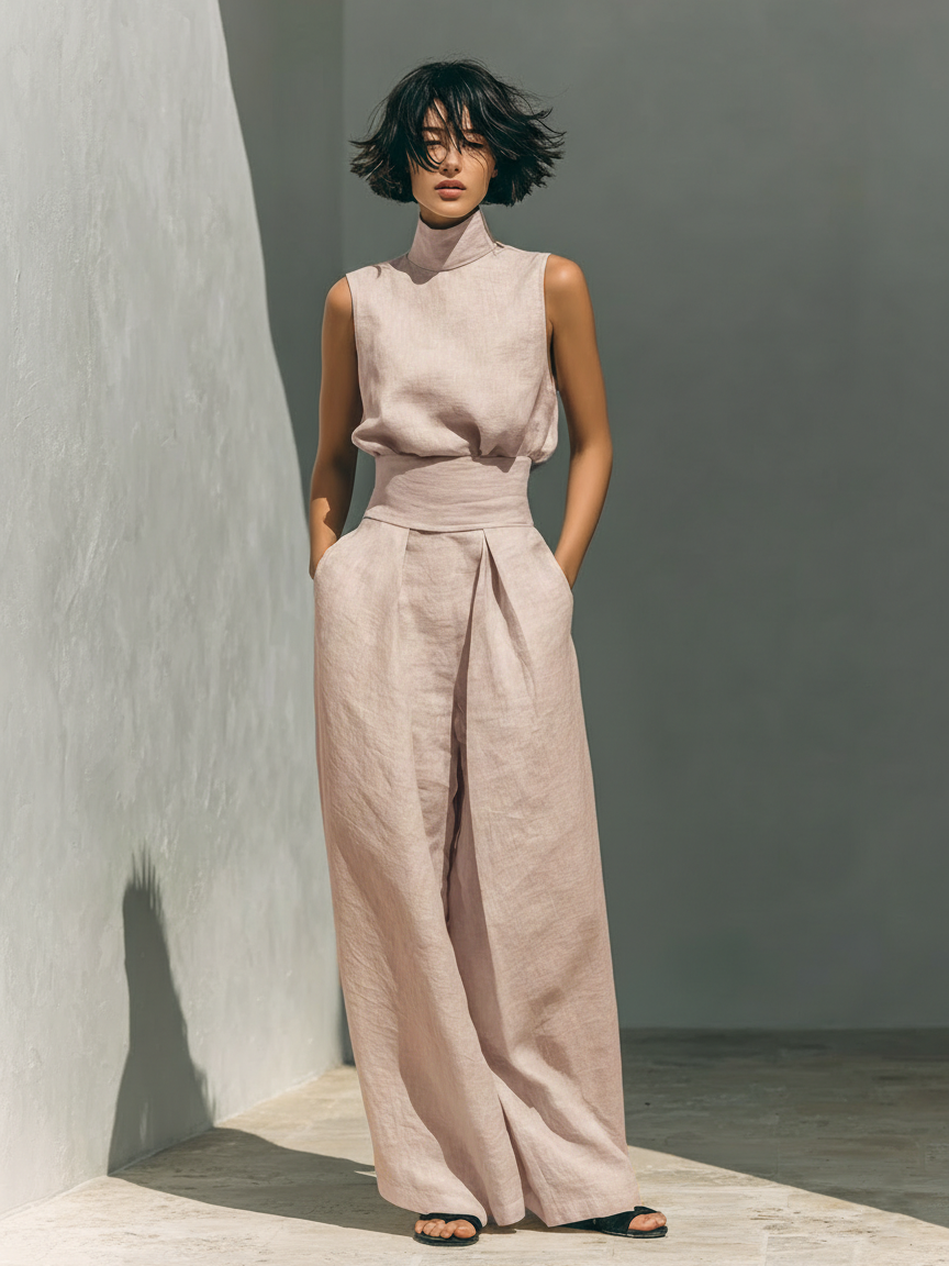 María - Conjunto de camiseta sin mangas y pantalones anchos de algodón y lino, de estilo minimalista, para mujer