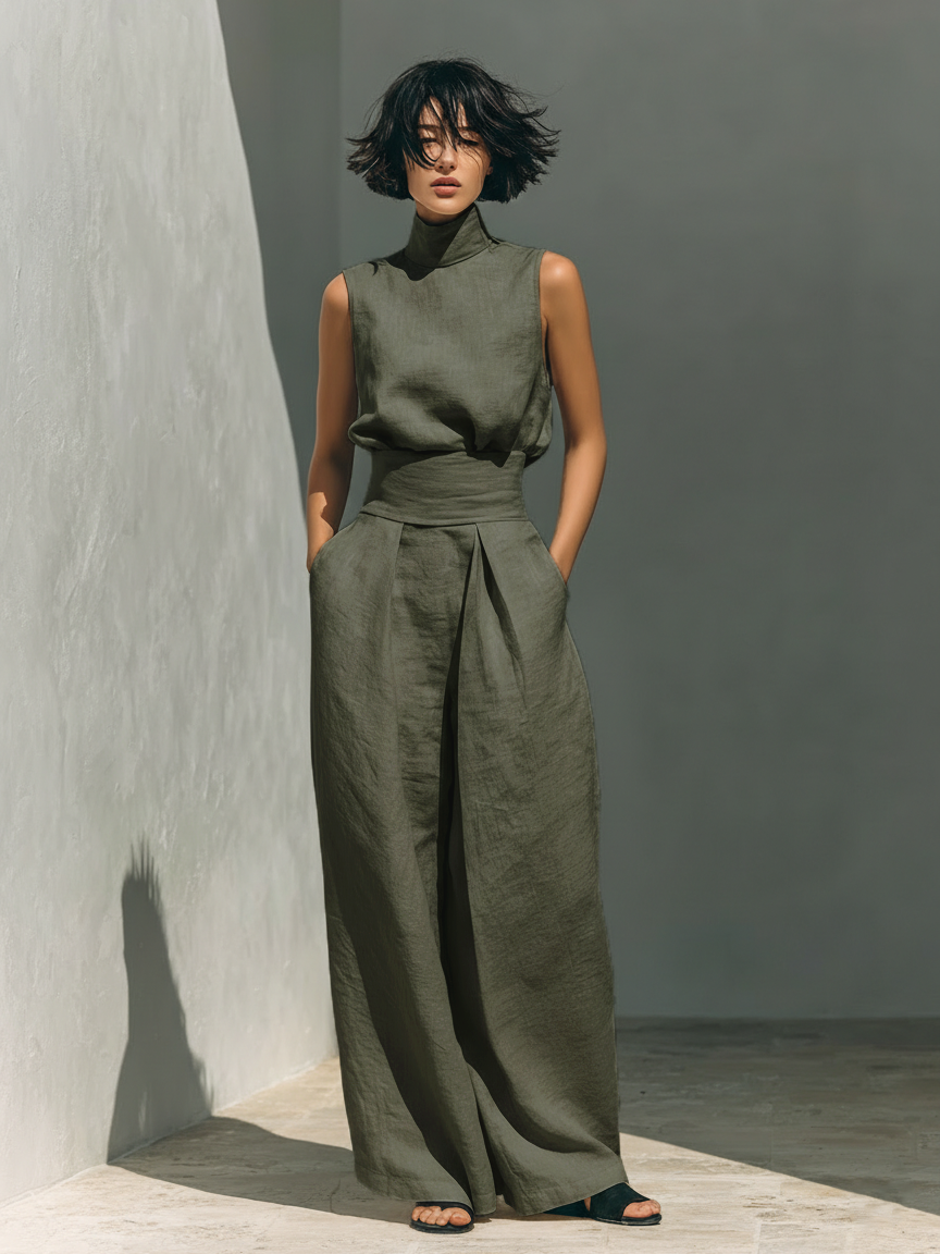 Elsa | Conjunto de algodón y lino con blusa sin mangas y pantalón ancho