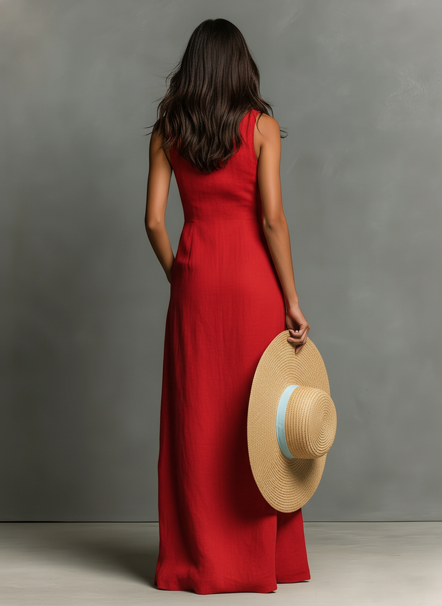 Celia | Vestido largo tipo camisa sin mangas de lino, de estilo minimalista, para mujer