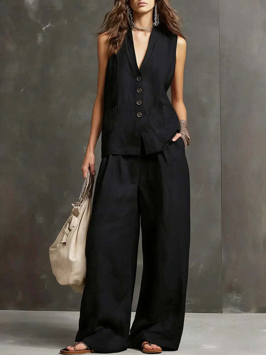 Carolina | Conjunto de algodón y lino con chaleco y pantalón ancho