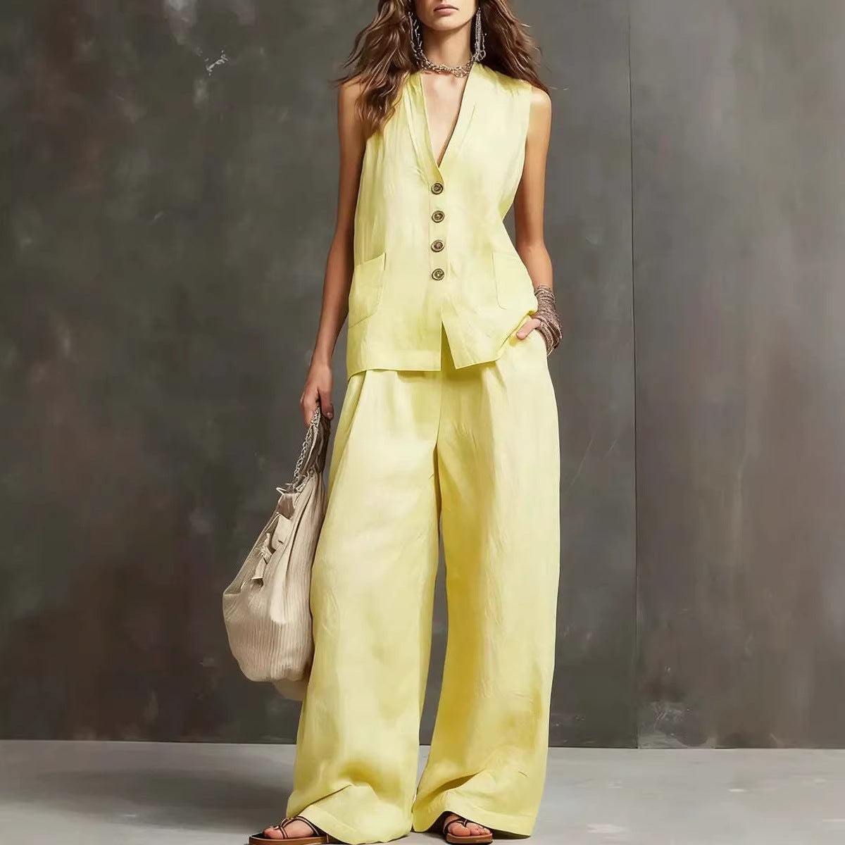 Carolina | Conjunto de algodón y lino con chaleco y pantalón ancho
