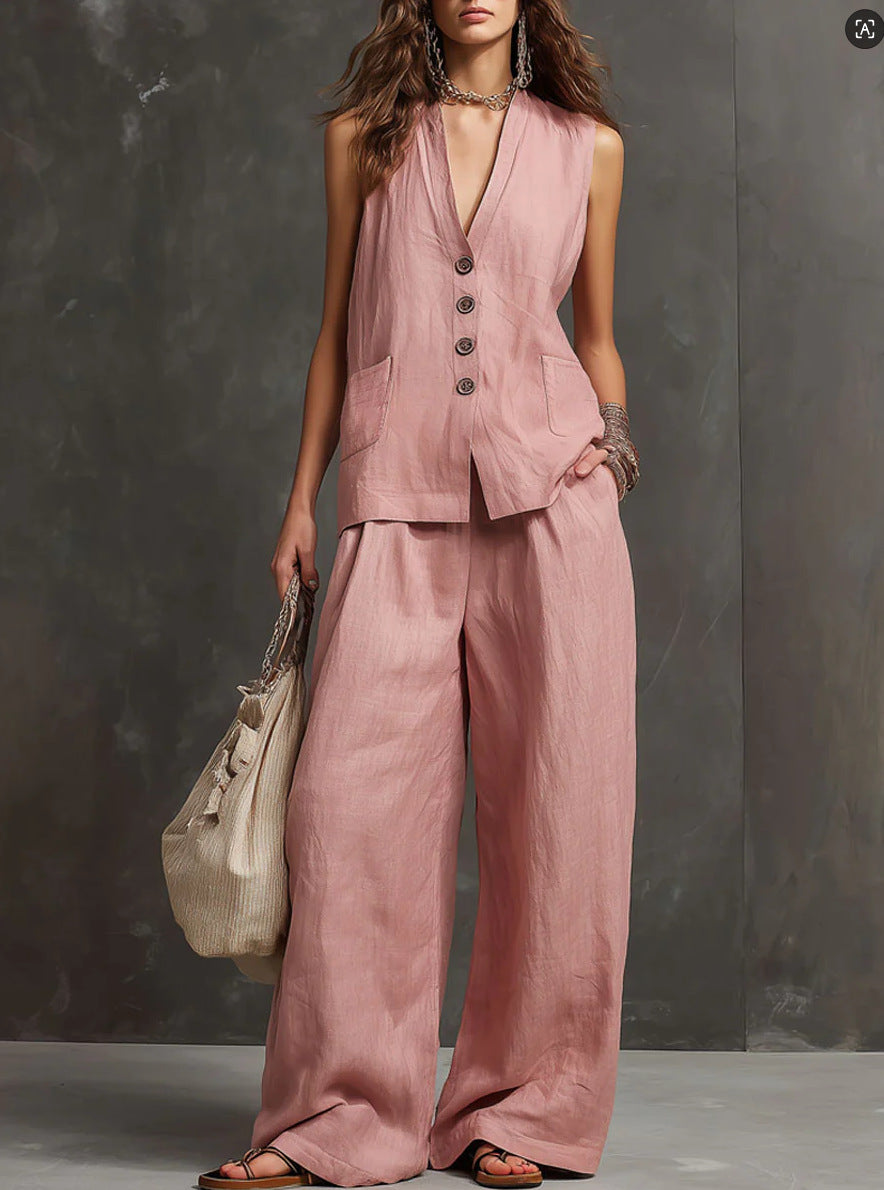 Carolina | Conjunto de algodón y lino con chaleco y pantalón ancho