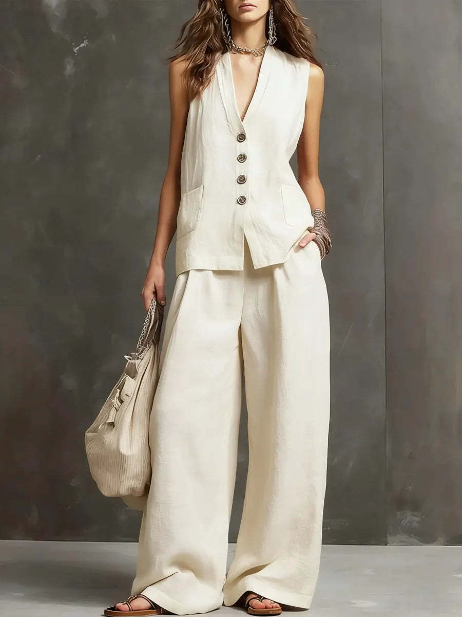Carolina | Conjunto de algodón y lino con chaleco y pantalón ancho