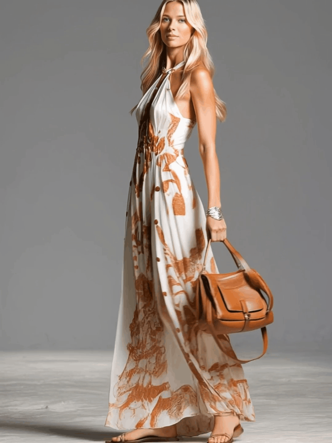 Beatriz ¦ Vestido largo vintage de estilo bohemio con cuello halter, estampado western marrón sobre gasa marfil, con aberturas