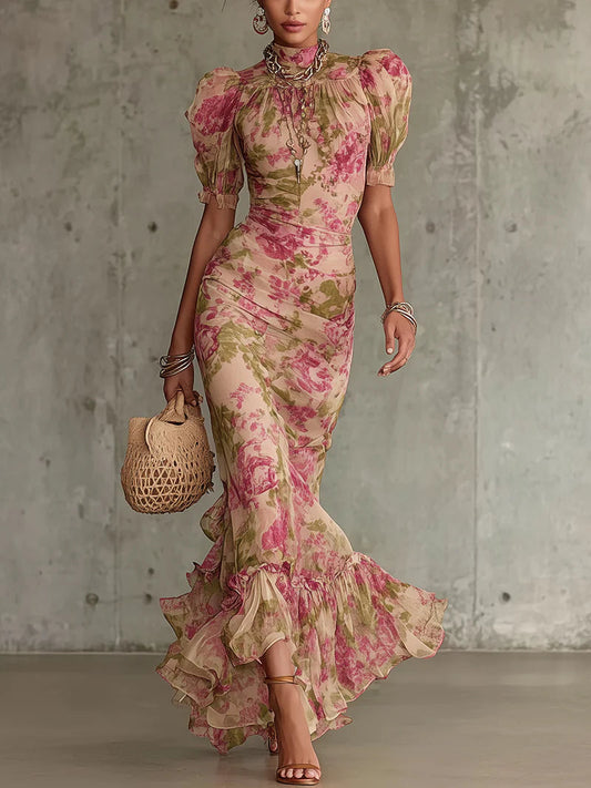 Rosa | Vestido largo con estampado vintage de rosas y mangas abullonadas