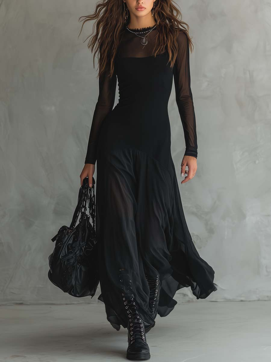 Nerea • Vestido largo de corte holgado en tul negro